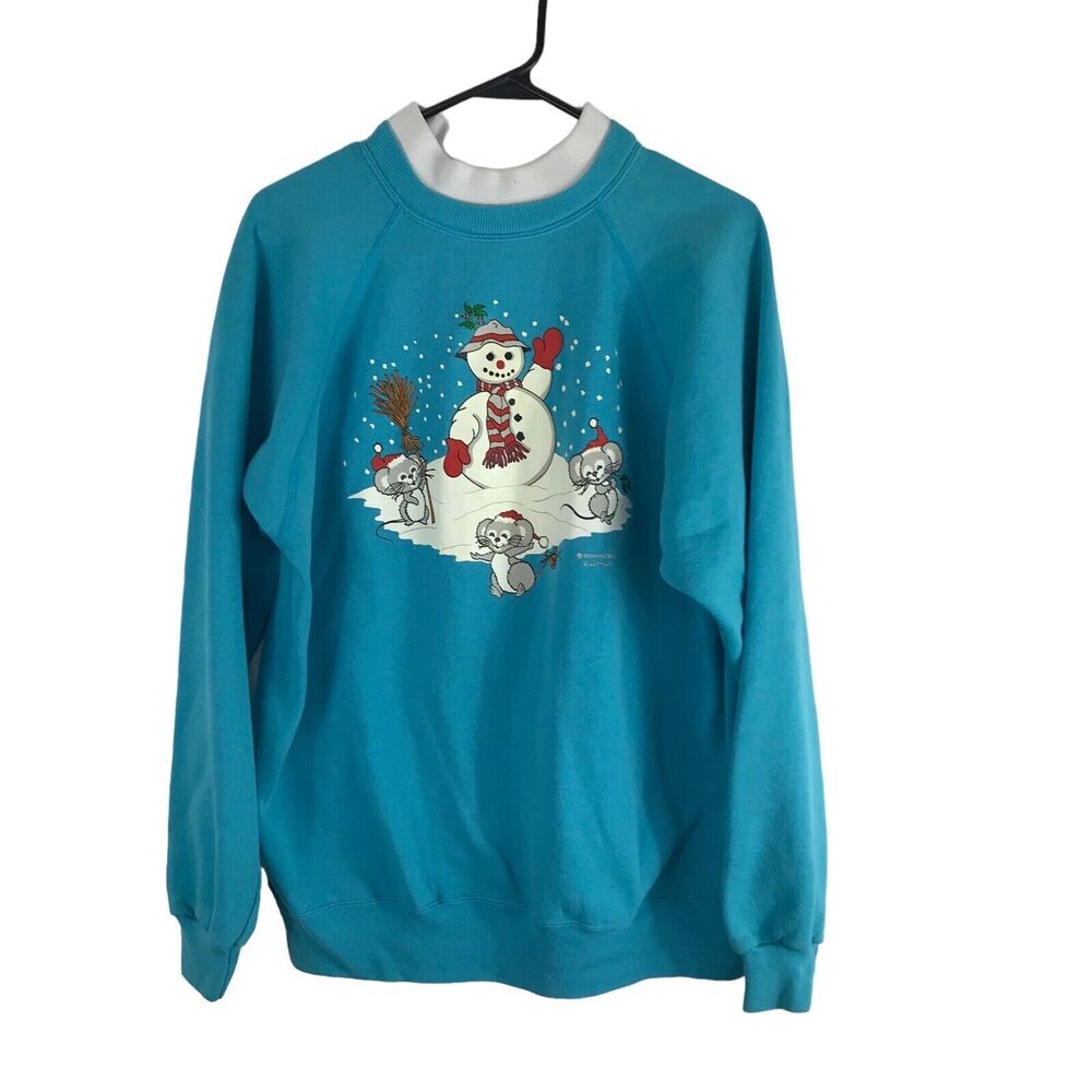 Morning Sun‎ Womens Sweatshirt Vintage Hanes Winter Snowman Animal XL Blue White